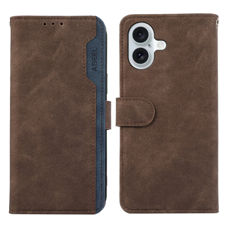 For iPhone 16 ABEEL Color Block Magnetic RFID Leather Phone Case(Brown-Blue) - iPhone 16 Cases by buy2fix | Online Shopping UK | buy2fix