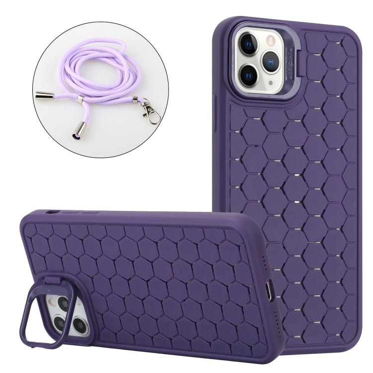 For iPhone 16 Pro Honeycomb Radiating Holder TPU Phone Case with Lanyard(Purple) - iPhone 16 Pro Cases by buy2fix | Online Shopping UK | buy2fix