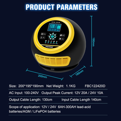 FOXSUR 20A 12V 24V Car / Motorcycle Smart Battery Charger, Plug Type:EU Plug(Yellow) - Battery Charger by FOXSUR | Online Shopping UK | buy2fix