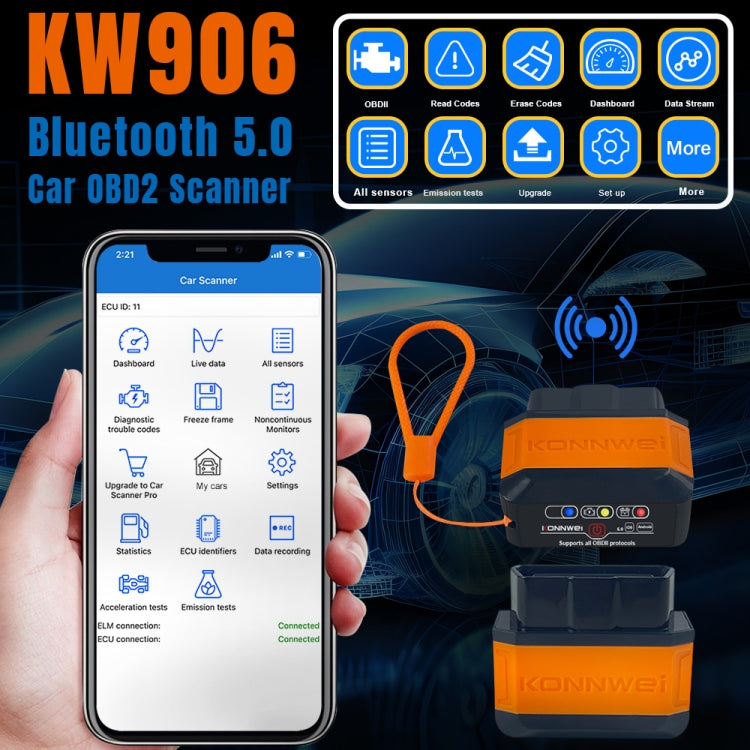 KONNWEI KW906 Bluetooth 5.0 Car OBD2 Scanner Support Android & iOS(Black) - Code Readers & Scan Tools by KONNWEI | Online Shopping UK | buy2fix