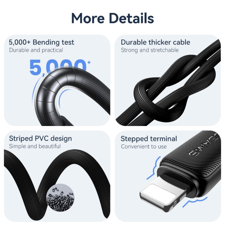 USAMS US-SJ699 USB to 8 Pin 2.4A Striped Fast Charge Data Cable, Length:3m(Black) - Normal Style Cable by USAMS | Online Shopping UK | buy2fix