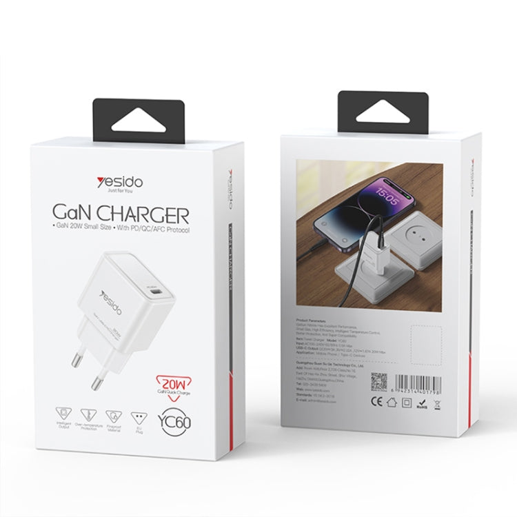 Yesido YC60 PD20W Single Port Type-C GaN Charger, EU Plug - USB Charger by Yesido | Online Shopping UK | buy2fix