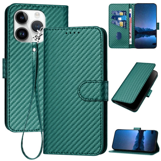 For iPhone 16 Pro YX0070 Carbon Fiber Buckle Leather Phone Case with Lanyard(Dark Green) - iPhone 16 Pro Cases by buy2fix | Online Shopping UK | buy2fix