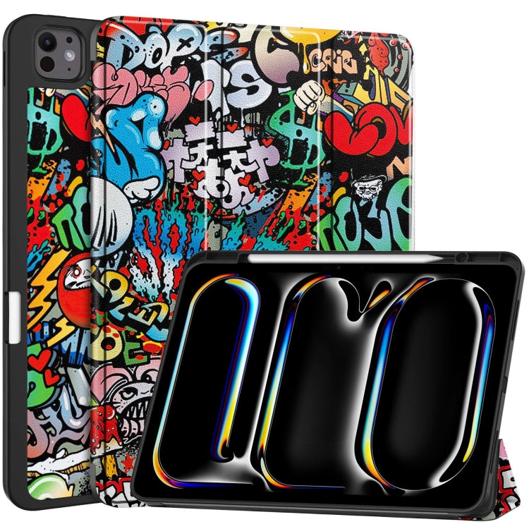 For iPad Pro 13 2024 Custer Painted 3-Fold Holder Smart Leather Tablet Case with Pen Tray(Graffiti) - iPad Pro 13 2024 Cases by buy2fix | Online Shopping UK | buy2fix