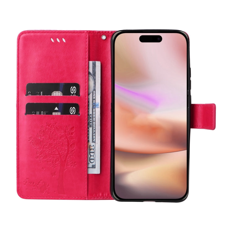 For iPhone 16 Plus Tree & Cat Embossed Pattern Flip Leather Phone Case(Rose Red) - iPhone 16 Plus Cases by buy2fix | Online Shopping UK | buy2fix