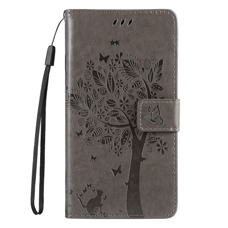 For iPhone 16 Tree & Cat Embossed Pattern Flip Leather Phone Case(Grey) - iPhone 16 Cases by buy2fix | Online Shopping UK | buy2fix