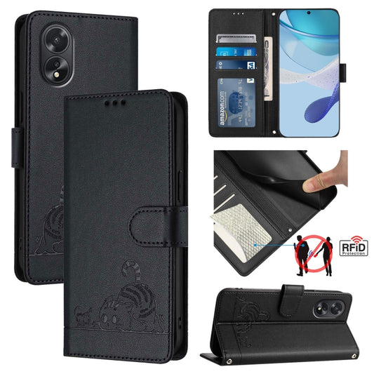 For OPPO A38 4G / A18 4G Global Cat Rat Embossed Pattern RFID Leather Phone Case with Lanyard(Black) - A38 Cases by buy2fix | Online Shopping UK | buy2fix