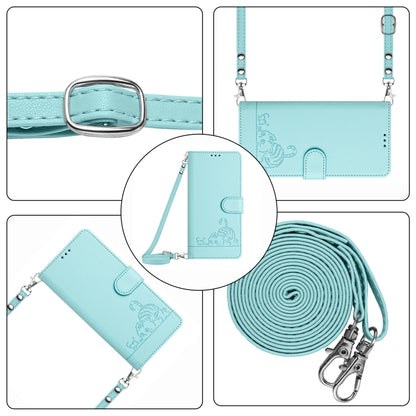 For OPPO Reno11 5G Global Cat Rat Embossed Pattern RFID Leather Phone Case with Lanyard(Mint Green) - Reno11 Cases by buy2fix | Online Shopping UK | buy2fix