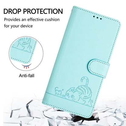 For OPPO Reno11 5G Global Cat Rat Embossed Pattern RFID Leather Phone Case with Lanyard(Mint Green) - Reno11 Cases by buy2fix | Online Shopping UK | buy2fix