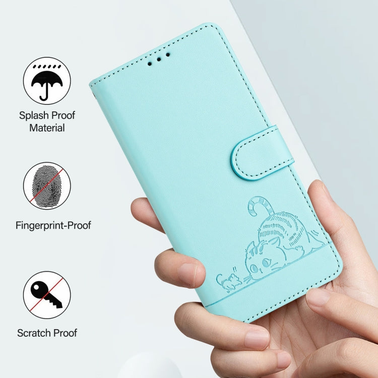 For OPPO Reno11 5G Global Cat Rat Embossed Pattern RFID Leather Phone Case with Lanyard(Mint Green) - Reno11 Cases by buy2fix | Online Shopping UK | buy2fix