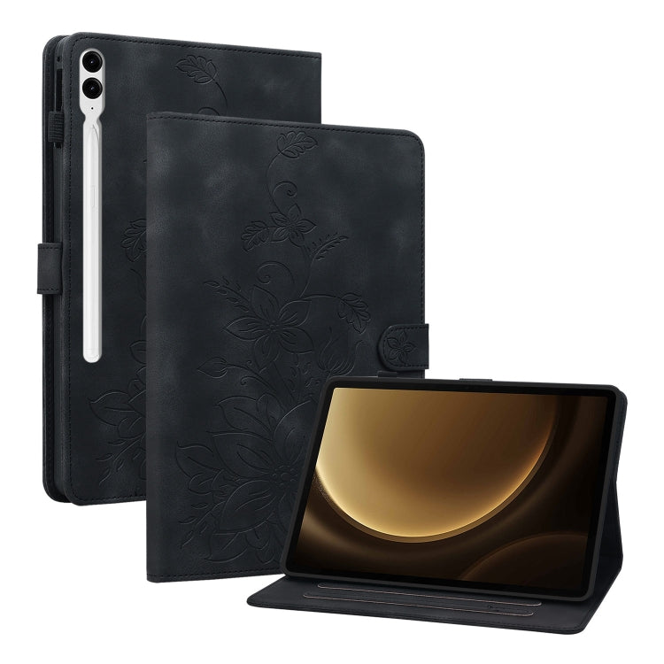 For Samsung Galaxy Tab S9+ / S9 FE+ Lily Embossed Leather Tablet Case(Black) - Galaxy Tab S9+ Cases by buy2fix | Online Shopping UK | buy2fix