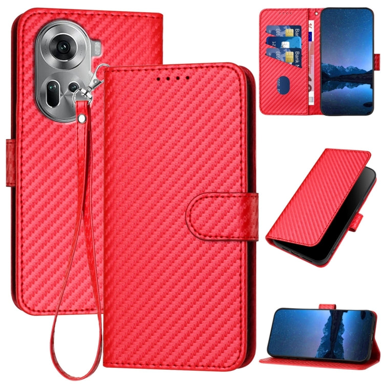 For OPPO Reno11 Global YX0070 Carbon Fiber Buckle Leather Phone Case with Lanyard(Red) - Reno11 Cases by buy2fix | Online Shopping UK | buy2fix