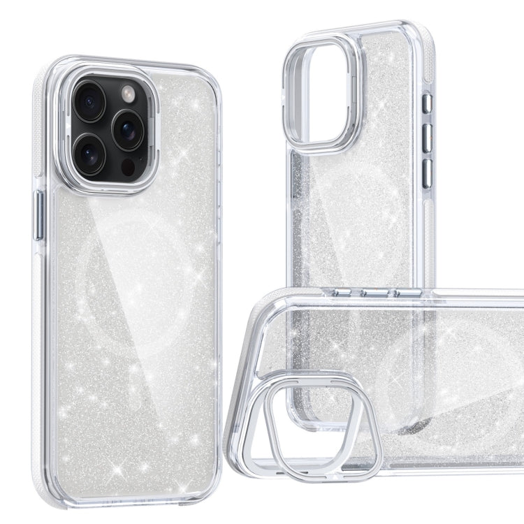 For iPhone 11 Pro Max Two-color Glitter Powder Lens Holder Magsafe Phone Case(White) - iPhone 11 Pro Max Cases by buy2fix | Online Shopping UK | buy2fix