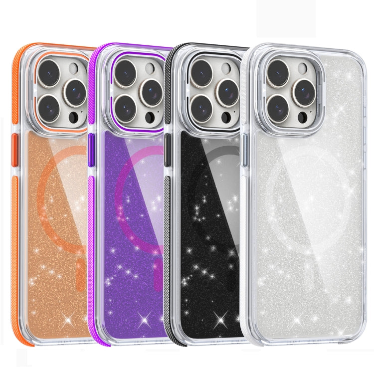 For iPhone 14 Plus Two-color Glitter Powder Lens Holder Magsafe Phone Case(Orange) - iPhone 14 Plus Cases by buy2fix | Online Shopping UK | buy2fix