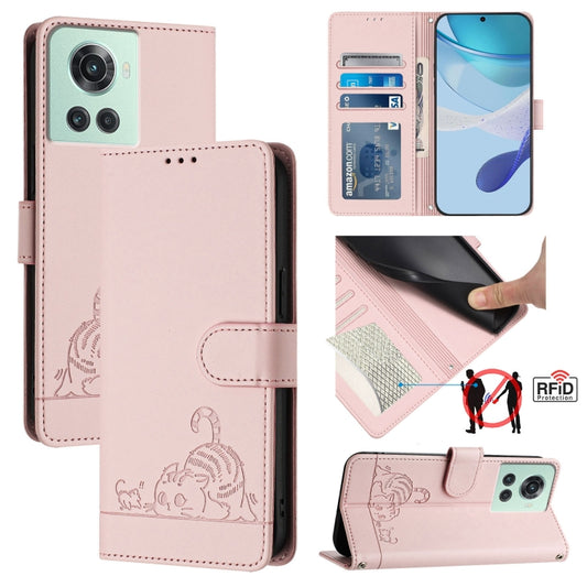 For OnePlus 10R / ACE / 10R Prime Cat Rat Embossed Pattern RFID Leather Phone Case with Lanyard(Pink) - OnePlus Cases by buy2fix | Online Shopping UK | buy2fix