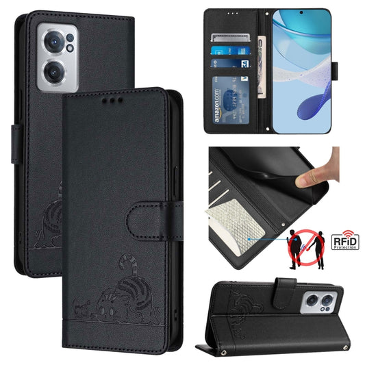 For OnePlus Nord CE 2 5G Cat Rat Embossed Pattern RFID Leather Phone Case with Lanyard(Black) - OnePlus Cases by buy2fix | Online Shopping UK | buy2fix