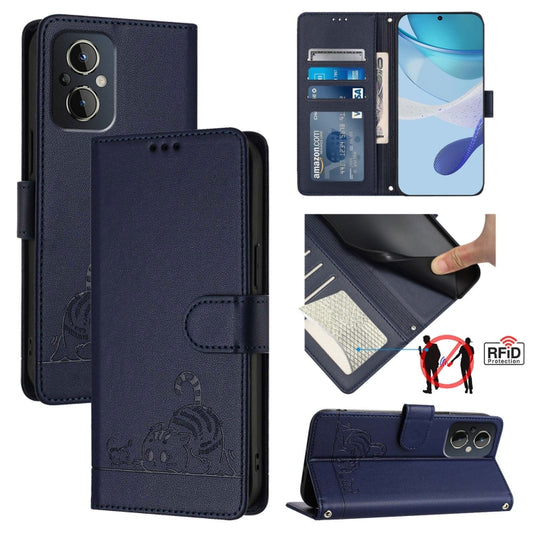 For OnePlus Nord N20 5G Cat Rat Embossed Pattern RFID Leather Phone Case with Lanyard(Blue) - OnePlus Cases by buy2fix | Online Shopping UK | buy2fix