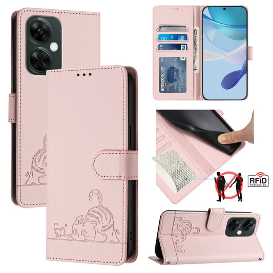 For OnePlus Nord CE 3 Lite 5G Cat Rat Embossed Pattern RFID Leather Phone Case with Lanyard(Pink) - OnePlus Cases by buy2fix | Online Shopping UK | buy2fix