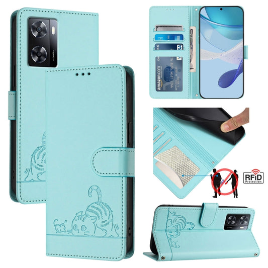 For OnePlus Nord N20 SE 4G Global Cat Rat Embossed Pattern RFID Leather Phone Case with Lanyard(Mint Green) - OnePlus Cases by buy2fix | Online Shopping UK | buy2fix