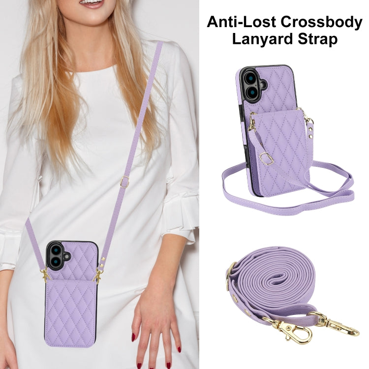 For iPhone 16 YM015 Crossbody Rhombic Card Bag RFID Phone Case(Light Purple) - iPhone 16 Cases by buy2fix | Online Shopping UK | buy2fix