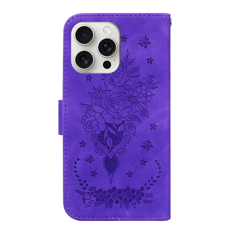 For iPhone 16 Pro Max Butterfly Rose Embossed Leather Phone Case(Purple) - iPhone 16 Pro Max Cases by buy2fix | Online Shopping UK | buy2fix