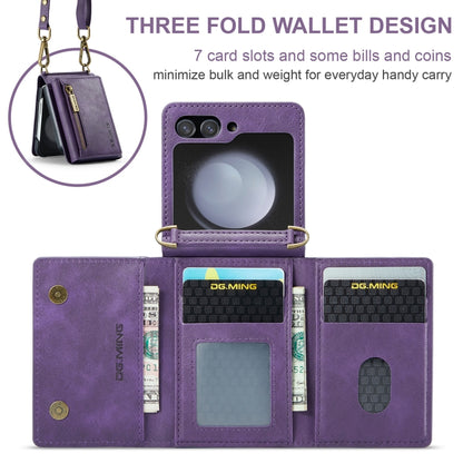 For Samsung Galaxy Z Flip5 5G DG.MING M5 Series Zip RFID Multi Card Detachable Leather Phone Case with Long Lanyard(Purple) - Galaxy Z Flip5 Cases by DG.MING | Online Shopping UK | buy2fix