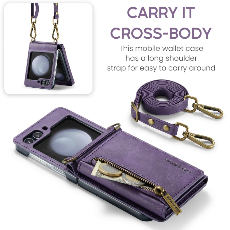 For Samsung Galaxy Z Flip5 5G DG.MING M5 Series Zip RFID Multi Card Detachable Leather Phone Case with Long Lanyard(Purple) - Galaxy Z Flip5 Cases by DG.MING | Online Shopping UK | buy2fix