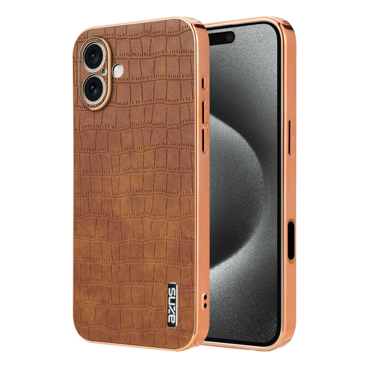 For iPhone 16 Plus AZNS Electroplated Frame Crocodile Texture Full Coverage Phone Case(Brown) - iPhone 16 Plus Cases by AZNS | Online Shopping UK | buy2fix