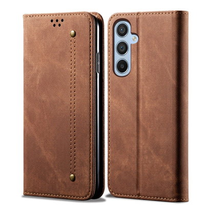 For Samsung Galaxy S25 5G Denim Texture Casual Style Horizontal Flip Leather Case(Brown) - Galaxy S25 5G Cases by buy2fix | Online Shopping UK | buy2fix