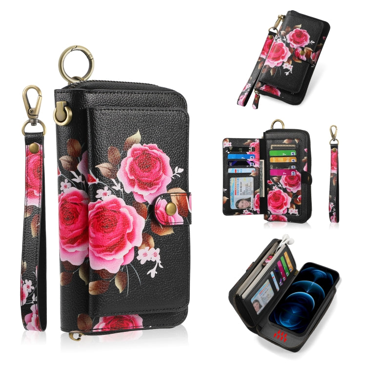 For iPhone 12 / 12 Pro POLA MagSafe Flower Multi-functional Zipper Wallet Leather Phone Case(Black) - iPhone 12 / 12 Pro Cases by buy2fix | Online Shopping UK | buy2fix