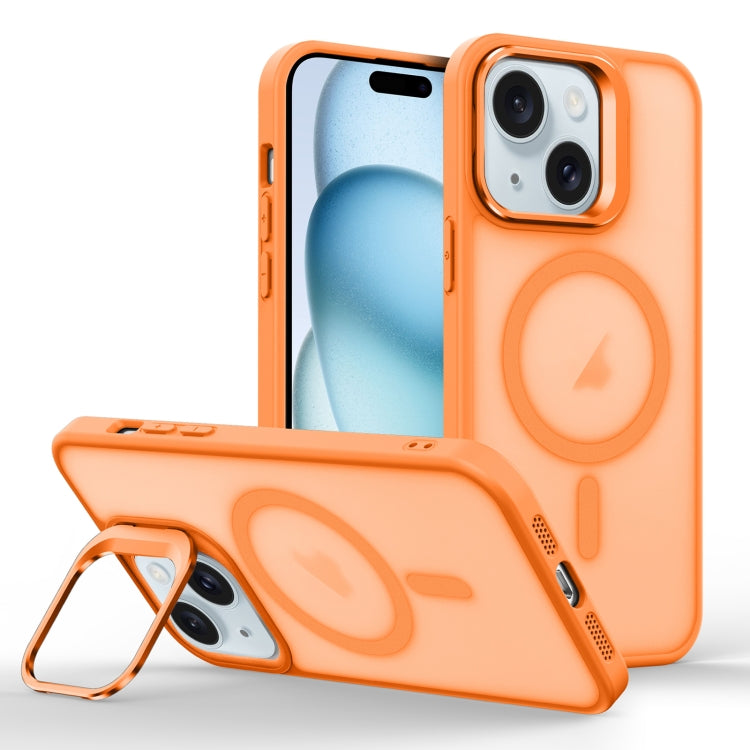 For iPhone 15 Plus Magsafe Skin Feel Lens Holder Phone Case(Orange) - iPhone 15 Plus Cases by buy2fix | Online Shopping UK | buy2fix