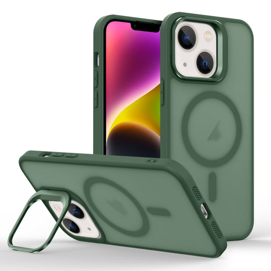 For iPhone 14 Skin Feel Lens Holder Magsafe Phone Case(Deep Green) - iPhone 14 Cases by buy2fix | Online Shopping UK | buy2fix