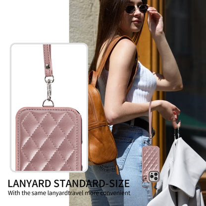 For iPhone 16 Pro Rhombic Texture Card Bag Phone Case with Short Lanyard(Rose Gold) - iPhone 16 Pro Cases by buy2fix | Online Shopping UK | buy2fix