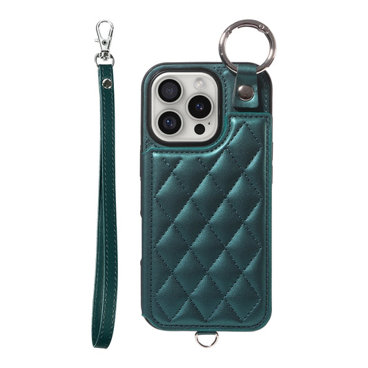 For iPhone 16 Pro Rhombic Texture Card Bag Phone Case with Short Lanyard(Green) - iPhone 16 Pro Cases by buy2fix | Online Shopping UK | buy2fix