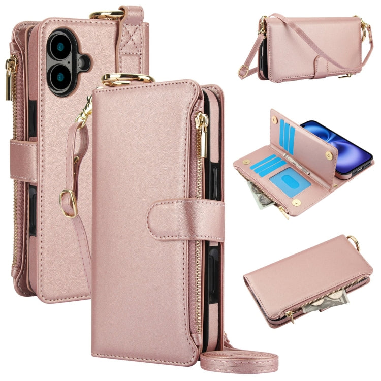 For iPhone 16 Plus Crossbody Ring Multifunctional Wallet Leather Phone Case(Rose Gold) - iPhone 16 Plus Cases by buy2fix | Online Shopping UK | buy2fix