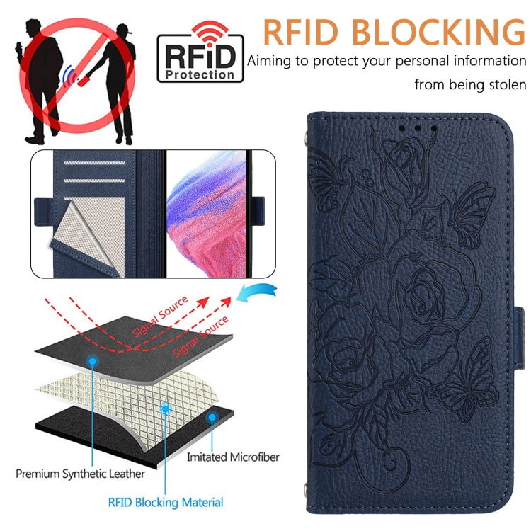 For Motorola Moto G Play 4G 2024 Embossed Rose RFID Anti-theft Leather Phone Case(Dark Blue) - Motorola Cases by buy2fix | Online Shopping UK | buy2fix