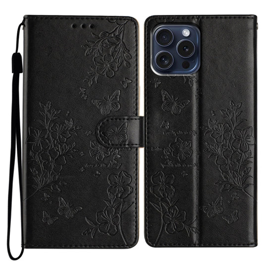 For iPhone 16 Pro Butterflies and Flowers Leather Phone Case(Black) - iPhone 16 Pro Cases by buy2fix | Online Shopping UK | buy2fix