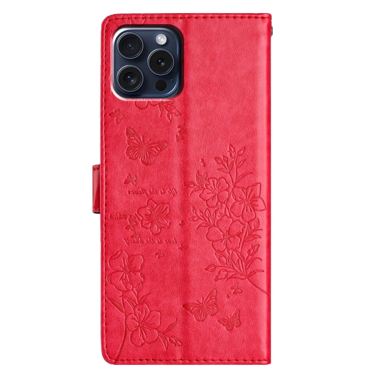 For iPhone 16 Pro Butterflies and Flowers Leather Phone Case(Red) - iPhone 16 Pro Cases by buy2fix | Online Shopping UK | buy2fix