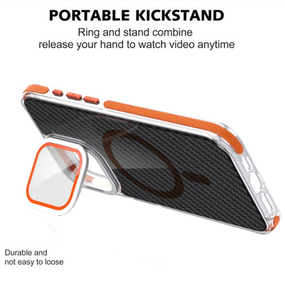 For iPhone 16 Plus Magsafe Dual-Color Carbon Fiber Lens Film Phone Case with Lens Fold Holder(Orange) - iPhone 16 Plus Cases by buy2fix | Online Shopping UK | buy2fix