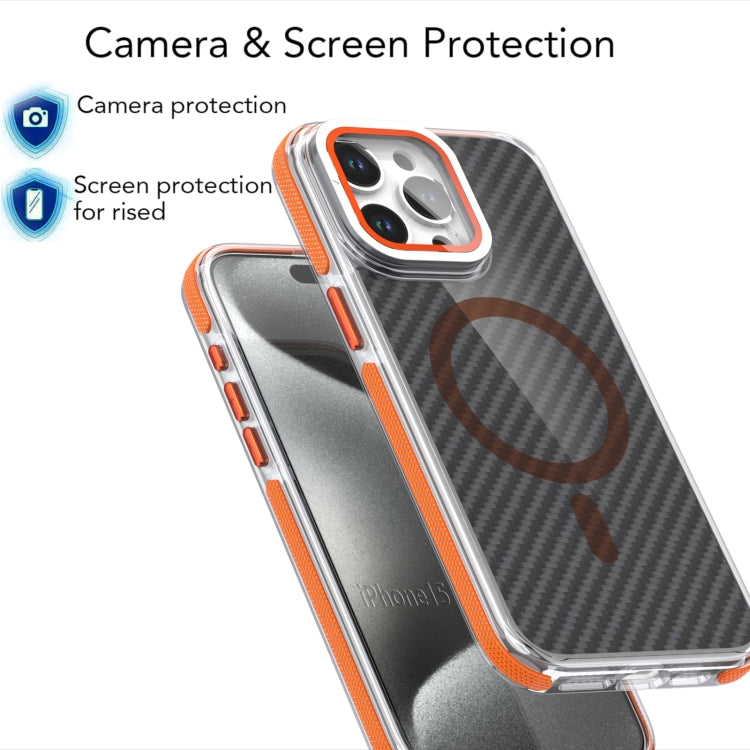 For iPhone 12 Pro Max Magsafe Dual-Color Carbon Fiber Lens Film Phone Case with Lens Fold Holder(Orange) - iPhone 12 Pro Max Cases by buy2fix | Online Shopping UK | buy2fix