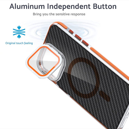 For iPhone 16 Pro Max Magsafe Dual-Color Carbon Fiber Lens Film Phone Case with Lens Fold Holder(Orange) - iPhone 16 Pro Max Cases by buy2fix | Online Shopping UK | buy2fix