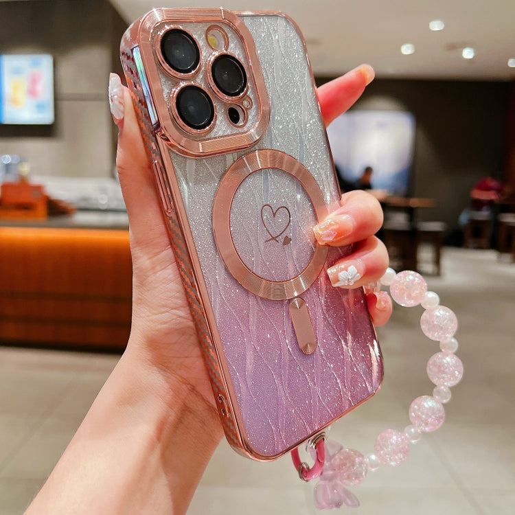 For iPhone 14 Pro Max Loves Leaves Gradient Glitter Bracelets Carbon Fiber Magsafe TPU Phone Case(Pink) - iPhone 14 Pro Max Cases by buy2fix | Online Shopping UK | buy2fix