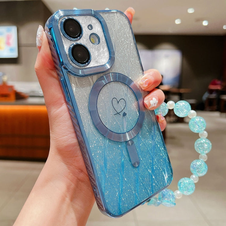 For iPhone 11 Loves Leaves Gradient Glitter Bracelets Carbon Fiber Magsafe TPU Phone Case(Blue) - iPhone 11 Cases by buy2fix | Online Shopping UK | buy2fix