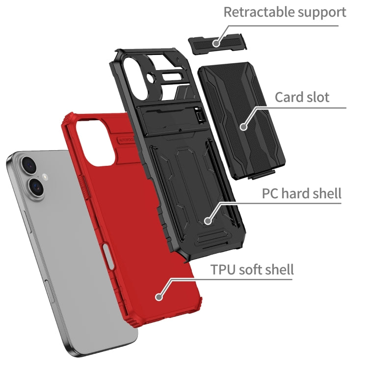 For iPhone 16 Kickstand Armor Card Wallet Phone Case(Red) - iPhone 16 Cases by buy2fix | Online Shopping UK | buy2fix