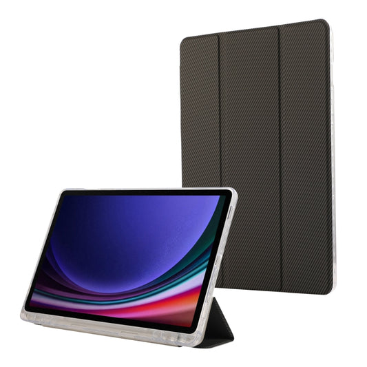 For Samsung Galaxy Tab S9 / S9 FE Carbon Fiber Clear Acrylic 3-Fold Leather Tablet Case(Grey) - Galaxy Tab S9 Cases by buy2fix | Online Shopping UK | buy2fix