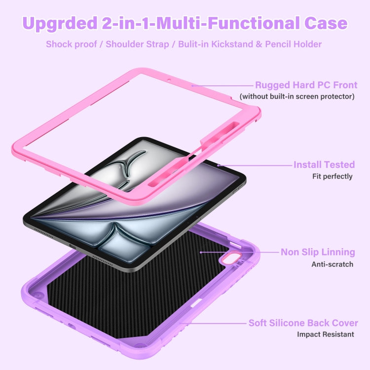 For iPad Air 11 2024 Kickstand PC Hybrid Silicone Tablet Case with Strap(Purple Rose Red) - iPad Air 11 2024 Cases by buy2fix | Online Shopping UK | buy2fix