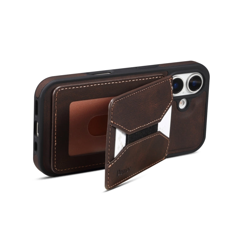 For iPhone 16 Denior D18 Skin Feel Rotating Holder MagSafe Detachable Card Slot Phone Case(Brown) - iPhone 16 Cases by Denior | Online Shopping UK | buy2fix