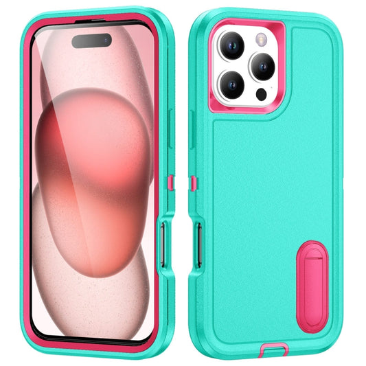 For iPhone 16 Pro Max Rugged PC + Silicone Phone Case with Holder(Light Green+Rose Red) - iPhone 16 Pro Max Cases by buy2fix | Online Shopping UK | buy2fix