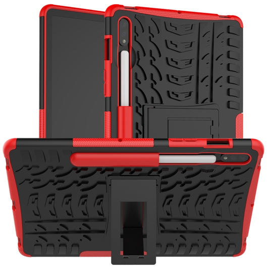 For Samsung Galaxy Tab S8 / Galaxy Tab S7 T870 / T875 Tire Texture Shockproof TPU+PC Protective Case with Holder(Red) - Galaxy Tab S8 Cases by buy2fix | Online Shopping UK | buy2fix