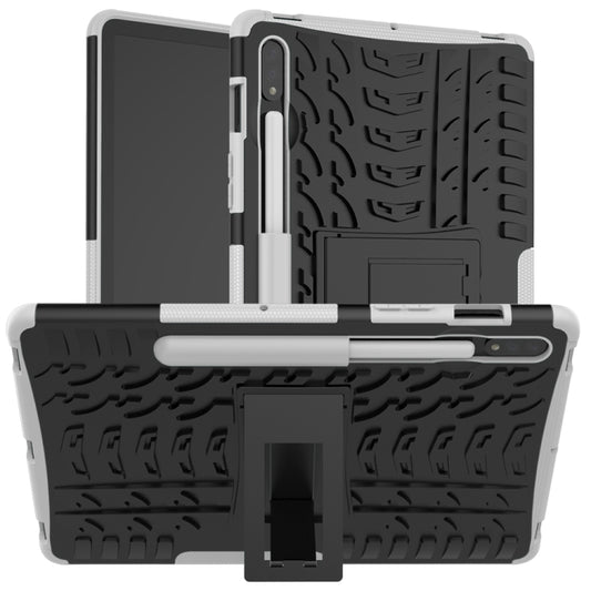 For Samsung Galaxy Tab S8 / Galaxy Tab S7 T870 / T875 Tire Texture Shockproof TPU+PC Protective Case with Holder(White) - Galaxy Tab S8 Cases by buy2fix | Online Shopping UK | buy2fix